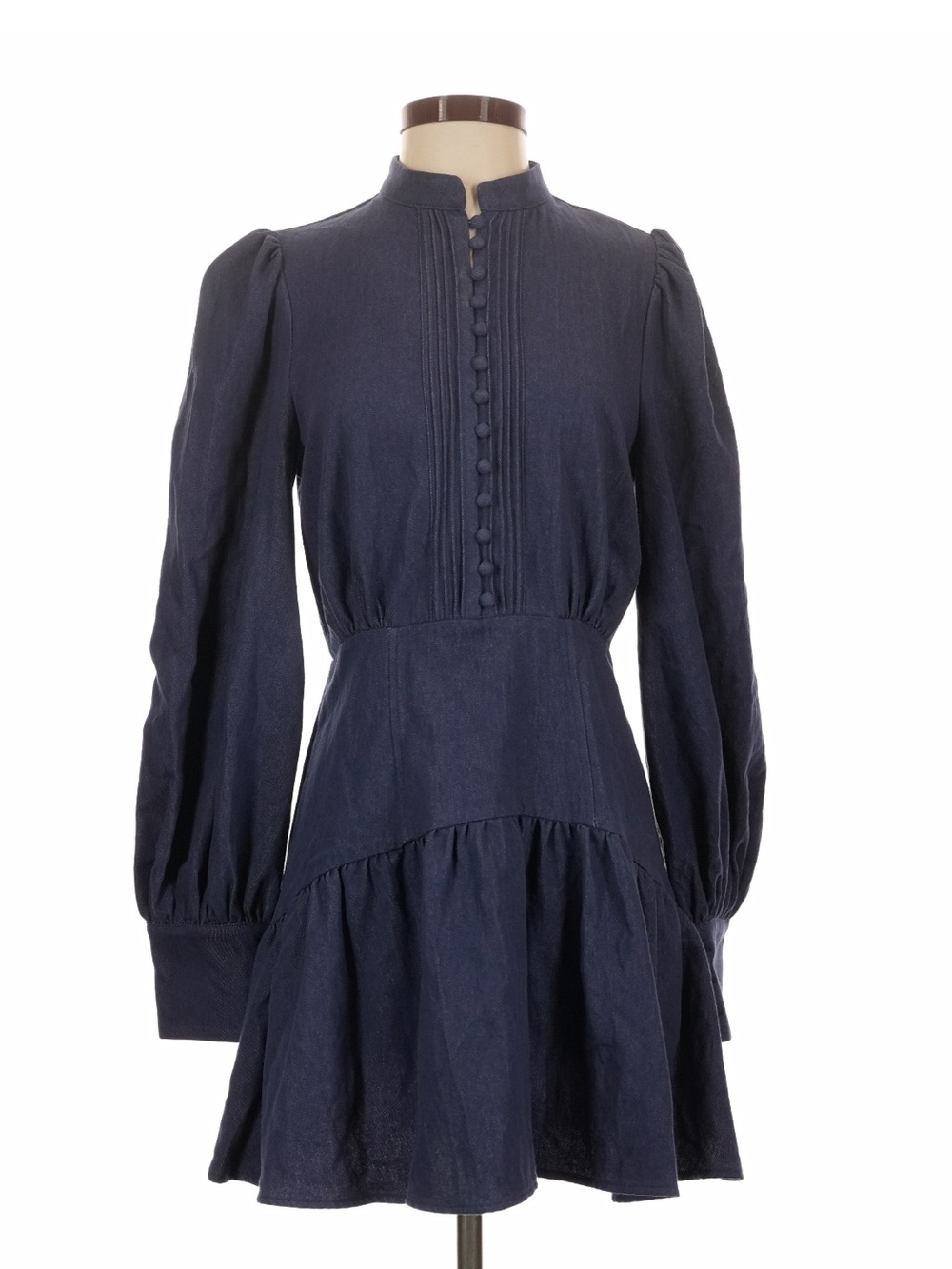 Commense Dress Womens Medium Blue Denim High Neck Puff Sleeve Mini Party S